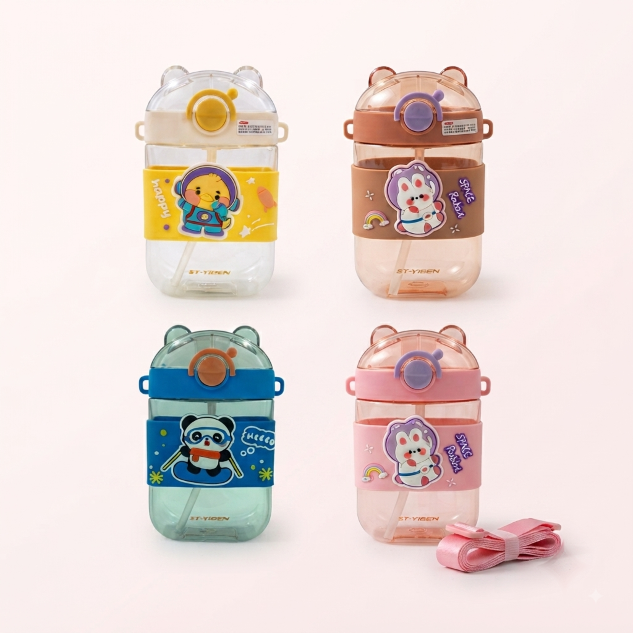 Set of kids water bottles with straws and straps, assorted colors with cute animal prints.